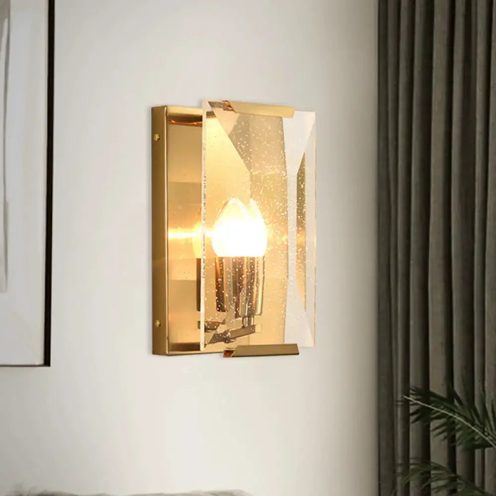 Mid century gold wall sconce with crystal shield for living room