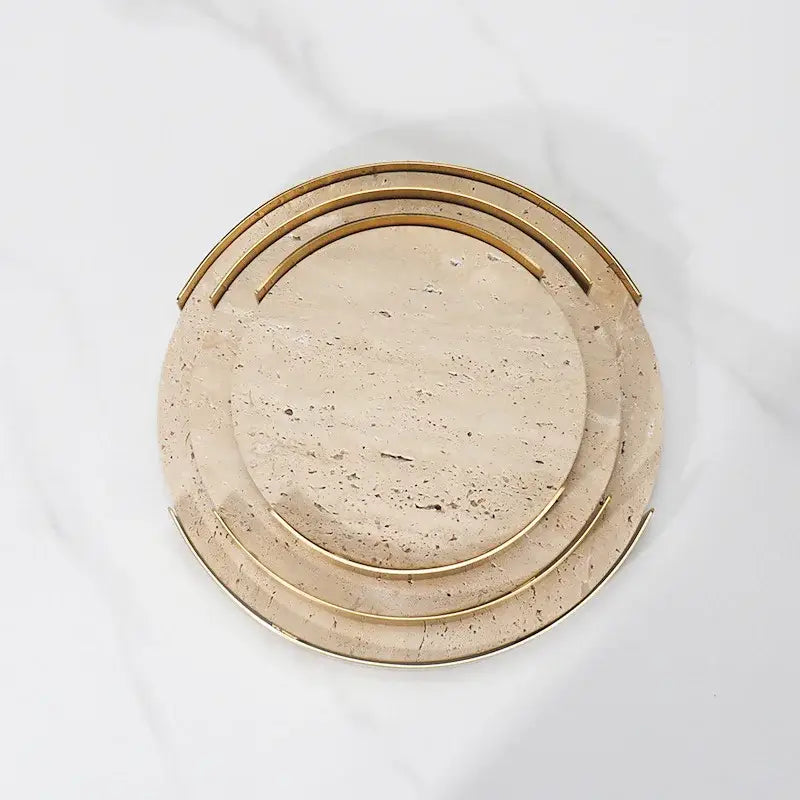 Minimalist beige brown travertine marble tray for dining room decor