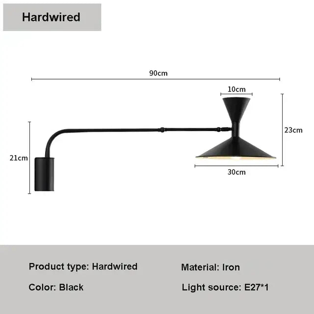 Minimalist black adjustable long arm wall lamp bedroom sconce