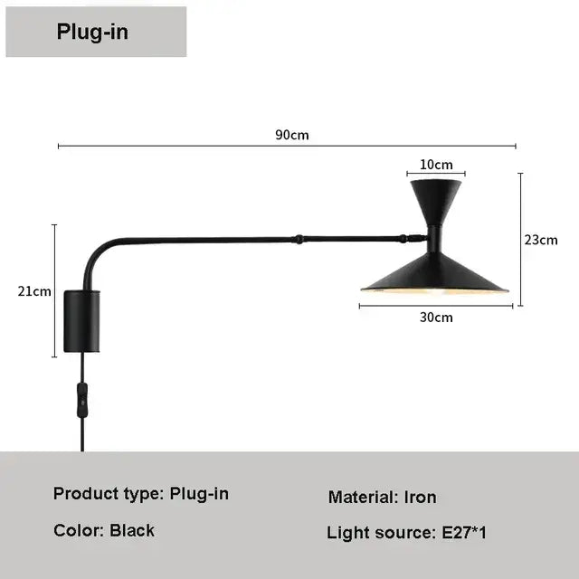Minimalist black adjustable long arm wall lamp bedroom sconce