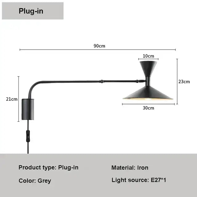 Minimalist black adjustable long arm wall lamp bedroom sconce