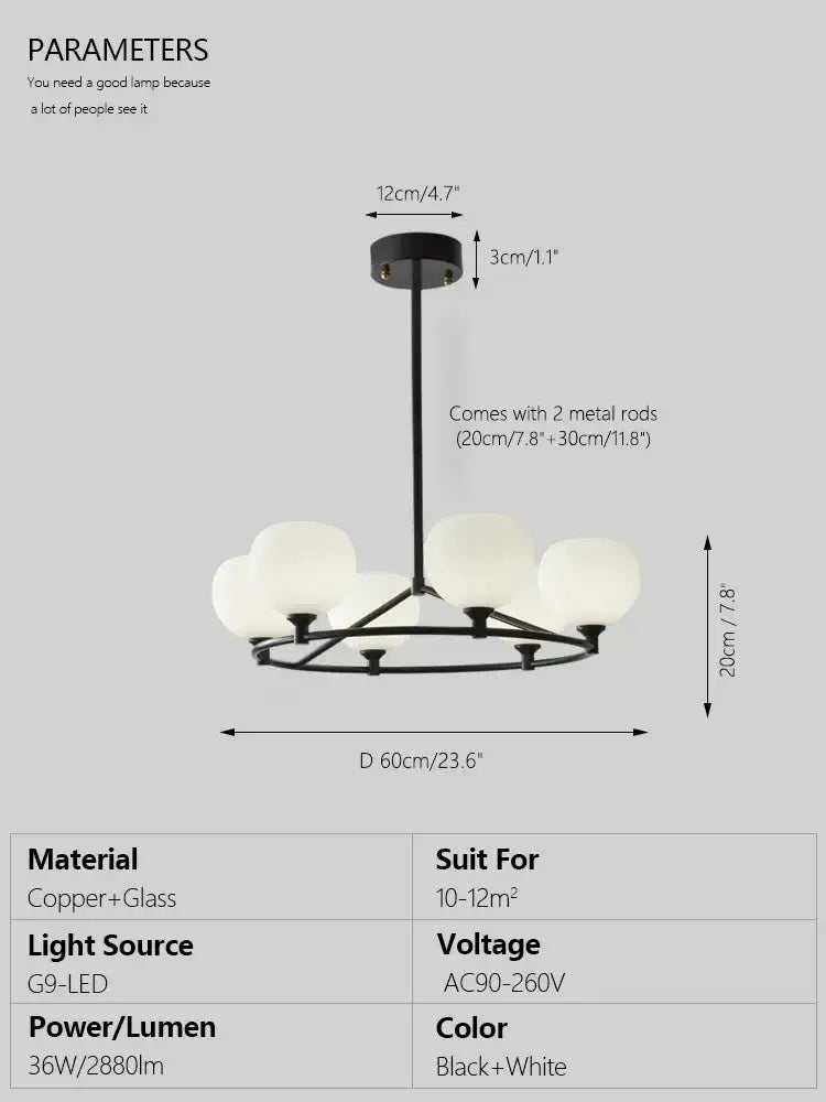 Minimalist black and copper glass chandelier dining room globe light