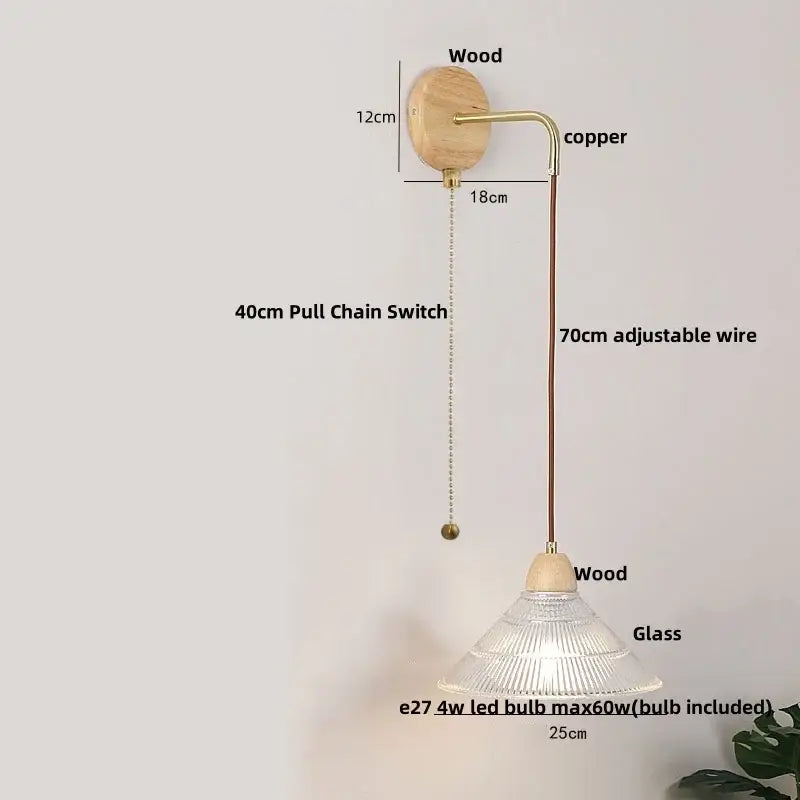 Minimalist brass and clear glass wall light bedroom pull chain switch