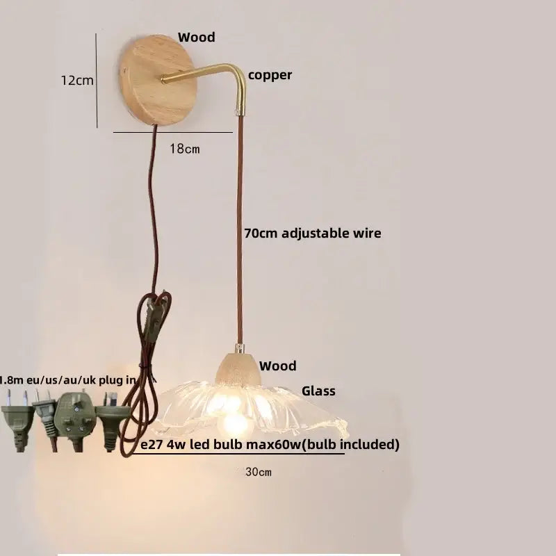 Minimalist brass and clear glass wall light bedroom pull chain switch