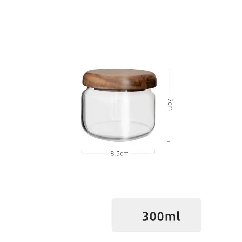 Minimalist clear glass kitchen storage jar with acacia wood lid