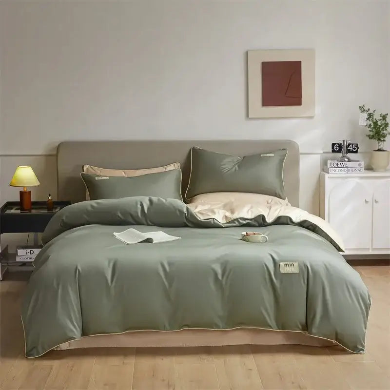 Minimalist cream & green egyptian cotton solid bedding set bedroom