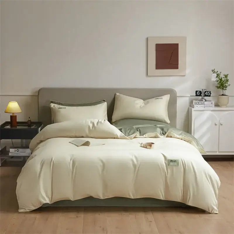 Minimalist cream & green egyptian cotton solid bedding set bedroom