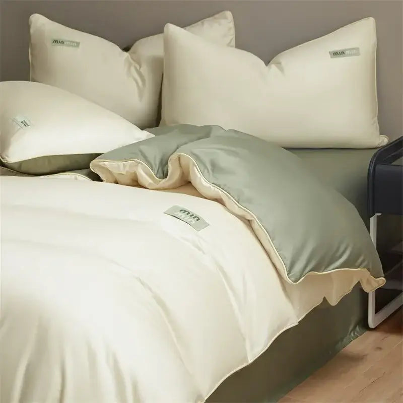 Minimalist cream & green egyptian cotton solid bedding set bedroom