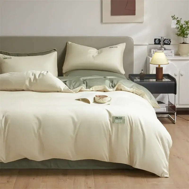 Minimalist cream & green egyptian cotton solid bedding set bedroom