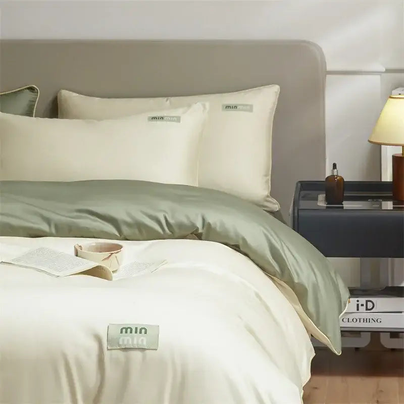 Minimalist cream & green egyptian cotton solid bedding set bedroom