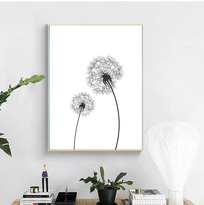 Minimalist dandelion canvas art set with gold frames for living room