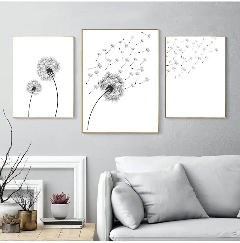 Minimalist dandelion canvas art set with gold frames for living room