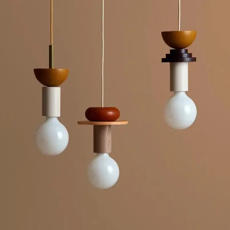 Minimalist earth tone wood and ceramic pendant light dining room