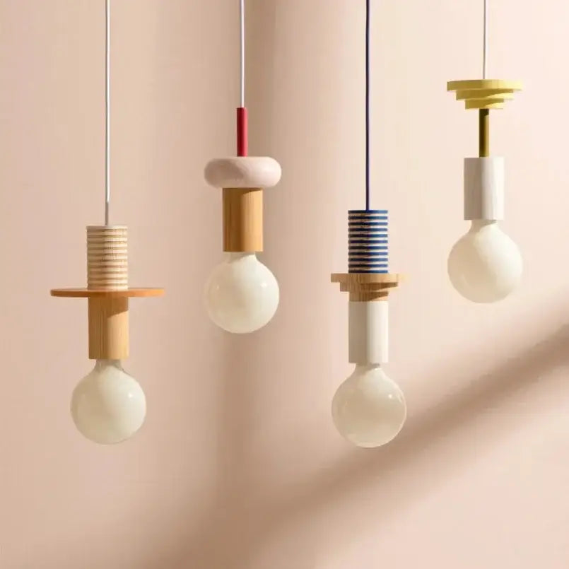 Minimalist earth tone wood and ceramic pendant light dining room