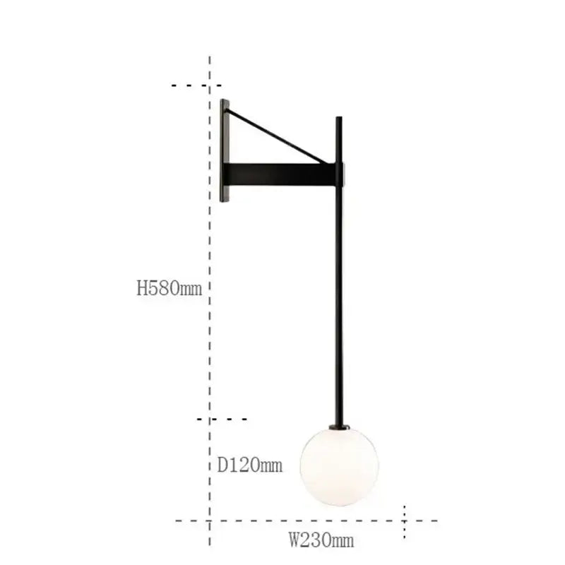Minimalist geometric iron wall lamp with glass globe for bedroom