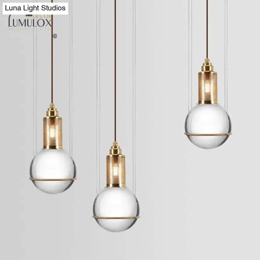 Minimalist globe crystal shade hanging lamp living room brass mesh
