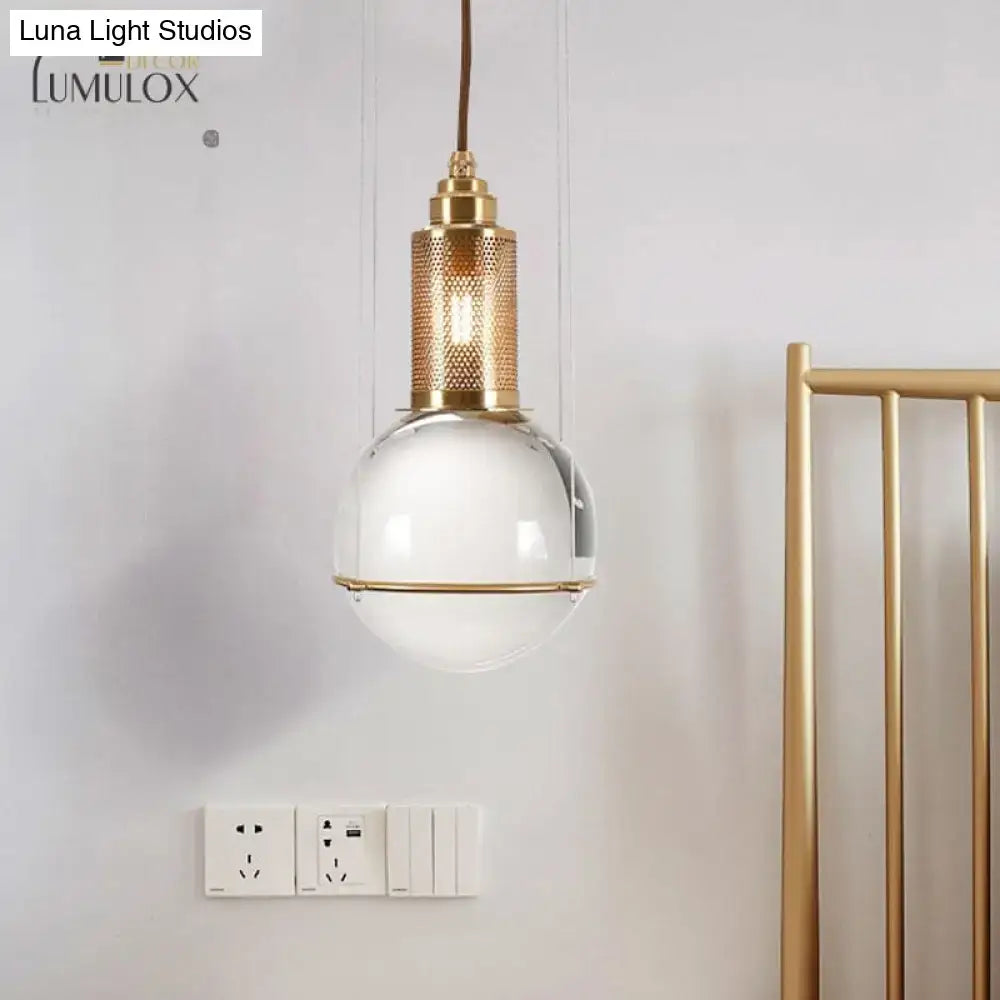 Minimalist globe crystal shade hanging lamp living room brass mesh