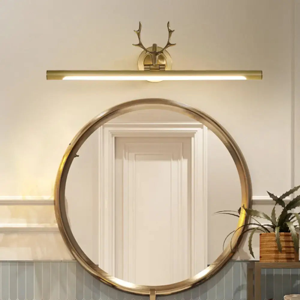 Minimalist gold bar wall sconce light with antler arm bathroom lamp
