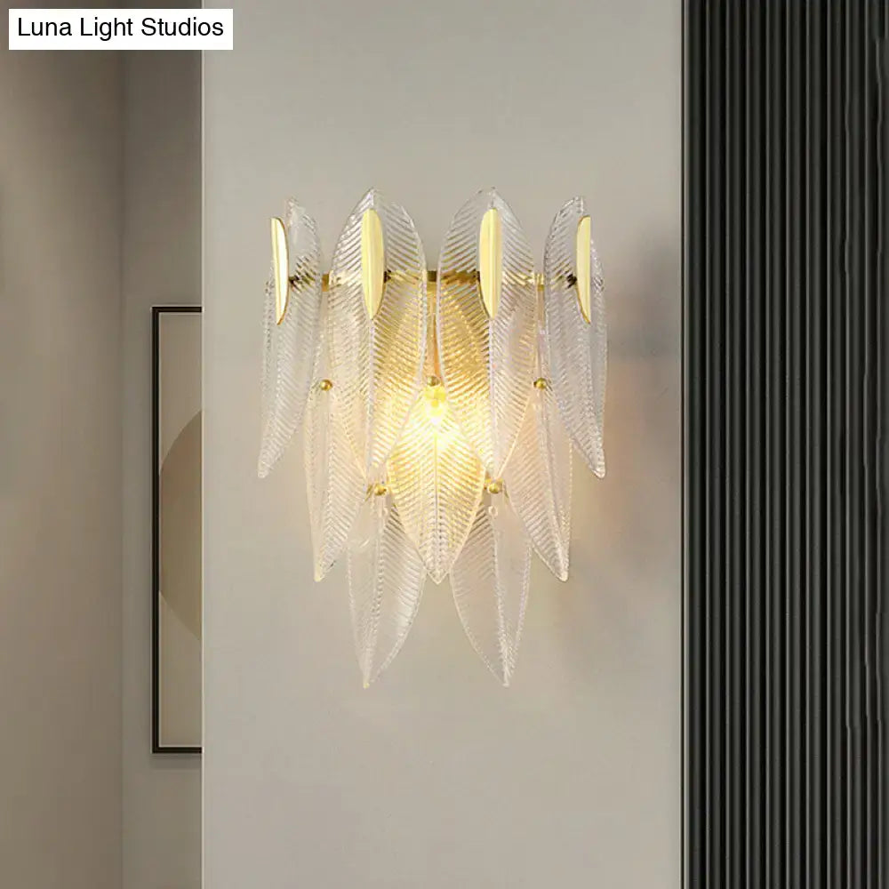 Minimalist gold finish crystal leaf wall sconce bedroom light