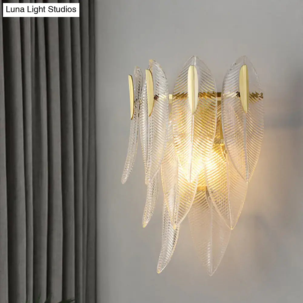 Minimalist gold finish crystal leaf wall sconce bedroom light