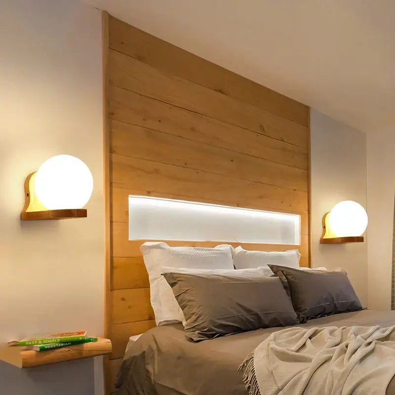 Minimalist led wooden wall lamps for bedroom with pull chain switch