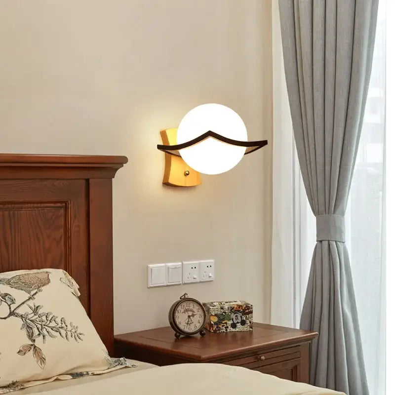 Minimalist led wooden wall lamps for bedroom with pull chain switch