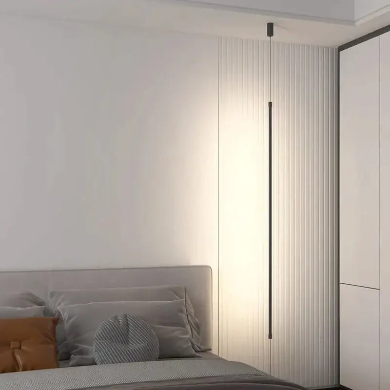Minimalist matte black bedside pendant light straight strip bedroom