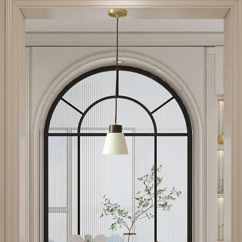 Minimalist pleated glass and wood pendant light fixture kitchen