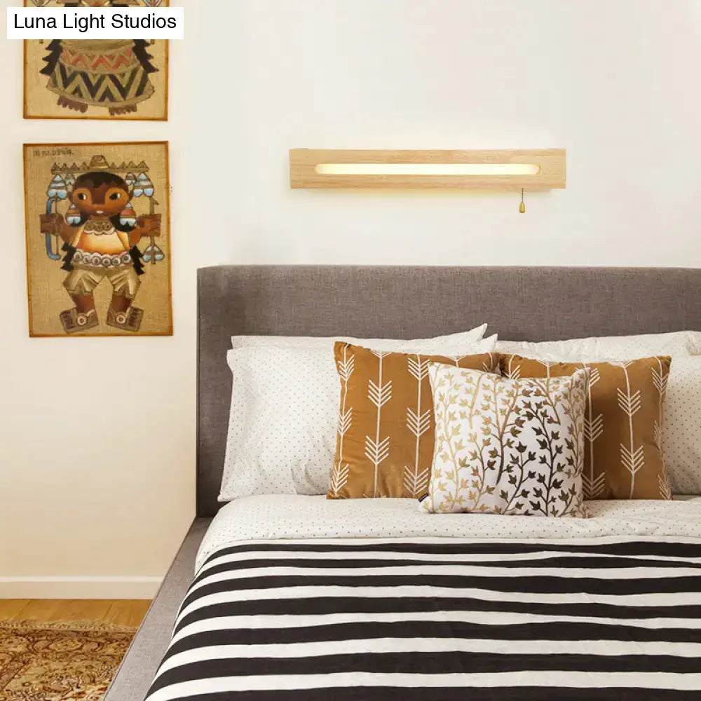 Minimalist rectangular wood wall sconce bedroom light with pull chain