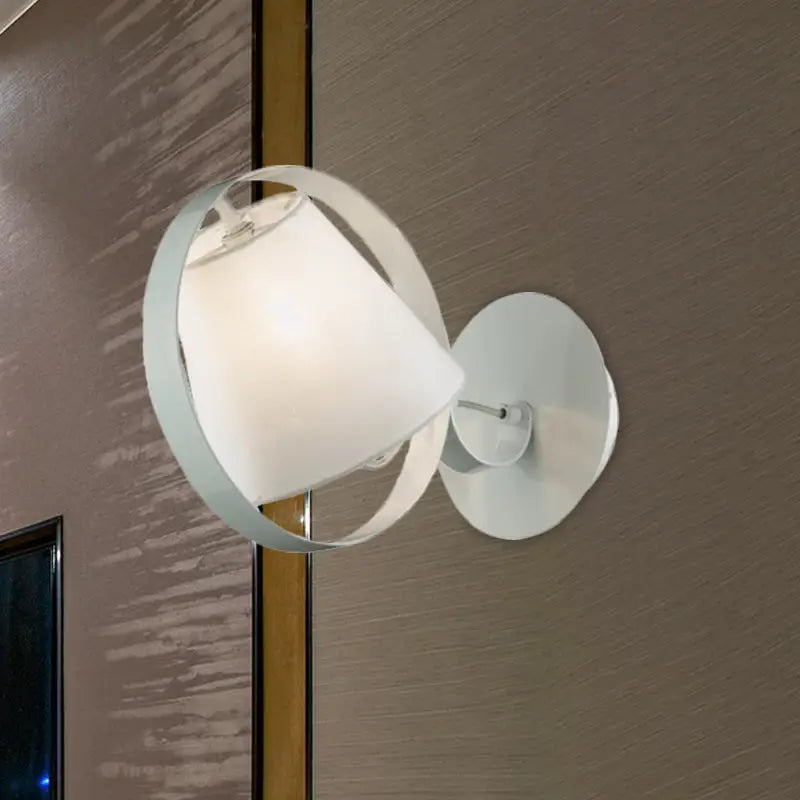 Minimalist white fabric wall light with metal ring bedroom sconce
