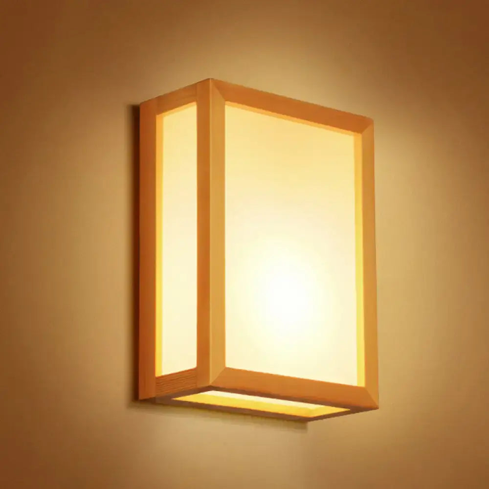 Minimalist white glass wall sconce with wooden frame for corridors