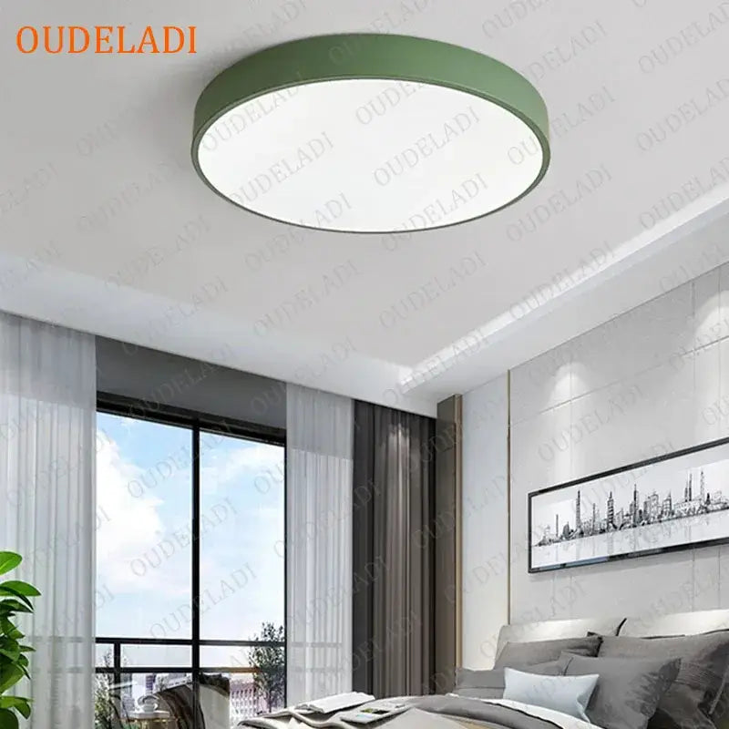 Minimalist white pink & green colorful round led ceiling light bedroom