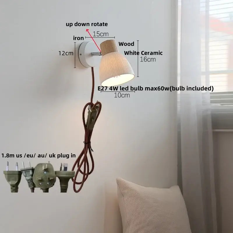 Minimalist wood and white ceramic led wall light bedroom lamp