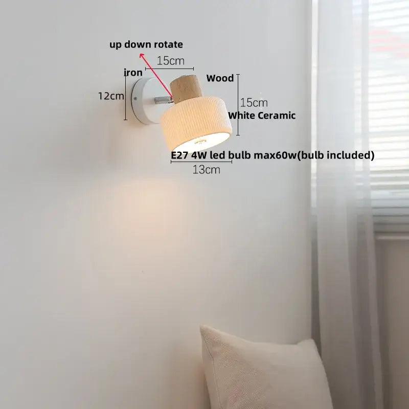 Minimalist wood and white ceramic led wall light bedroom lamp