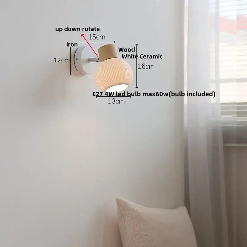 Minimalist wood and white ceramic led wall light bedroom lamp