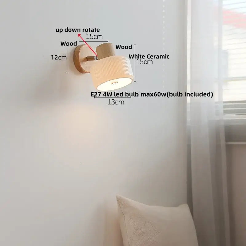 Minimalist wood and white ceramic led wall light bedroom lamp