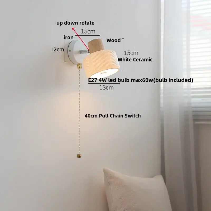 Minimalist wood and white ceramic led wall light bedroom lamp
