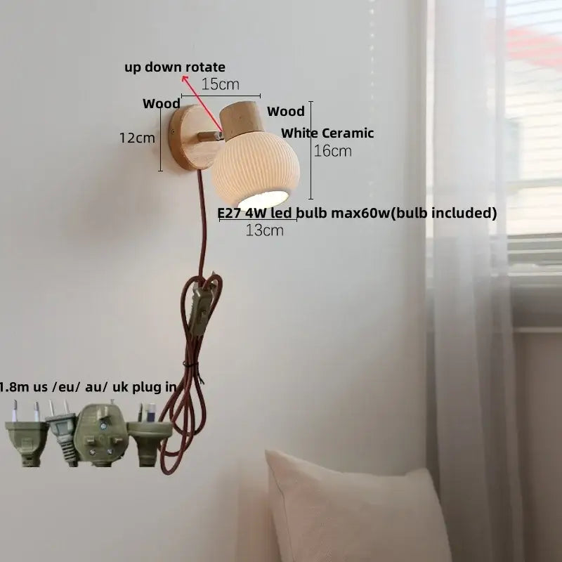 Minimalist wood and white ceramic led wall light bedroom lamp