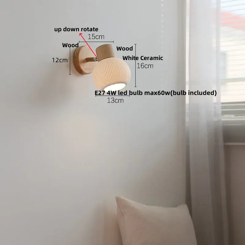 Minimalist wood and white ceramic led wall light bedroom lamp
