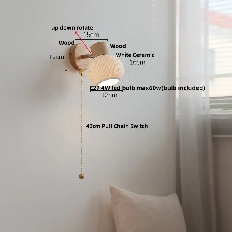 Minimalist wood and white ceramic led wall light bedroom lamp