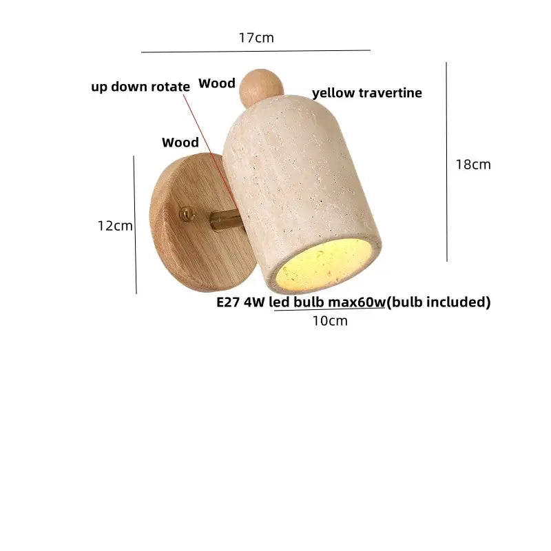 Minimalist wood and yellow travertine led wall sconce bedroom light