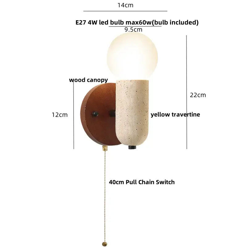 Minimalist wood and yellow travertine led wall sconce bedroom light