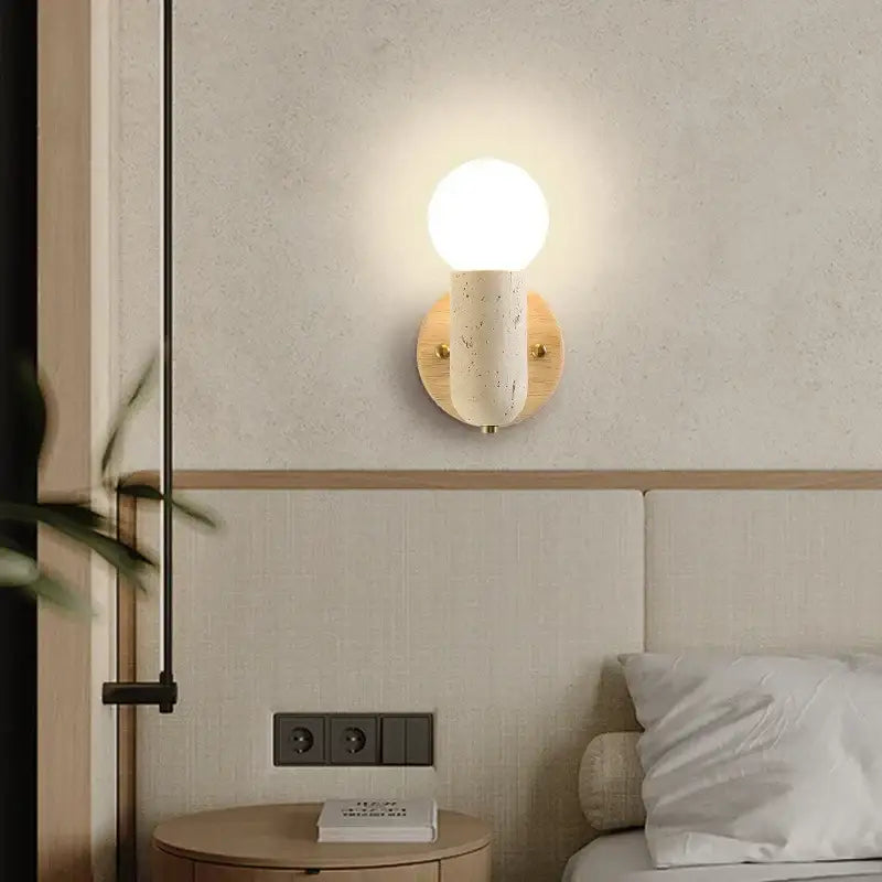 Minimalist wood and yellow travertine led wall sconce bedroom light
