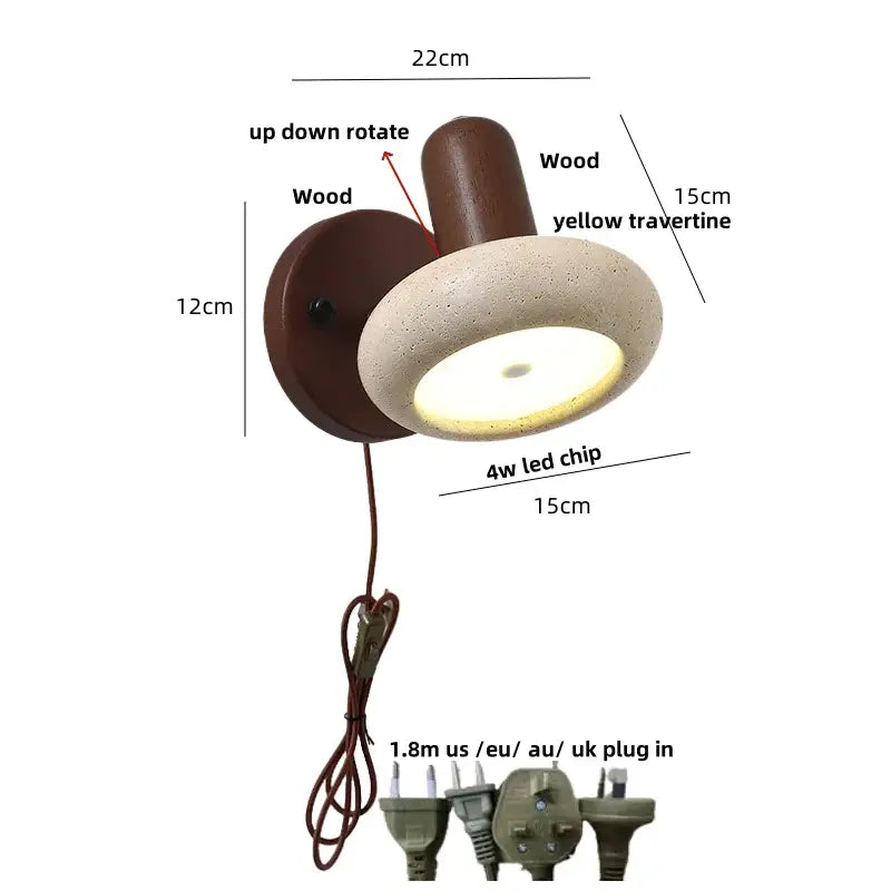 Minimalist wood and yellow travertine led wall sconce bedroom light