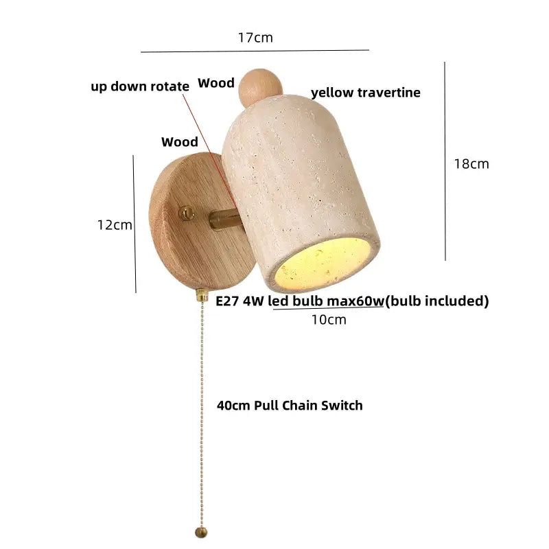 Minimalist wood and yellow travertine led wall sconce bedroom light