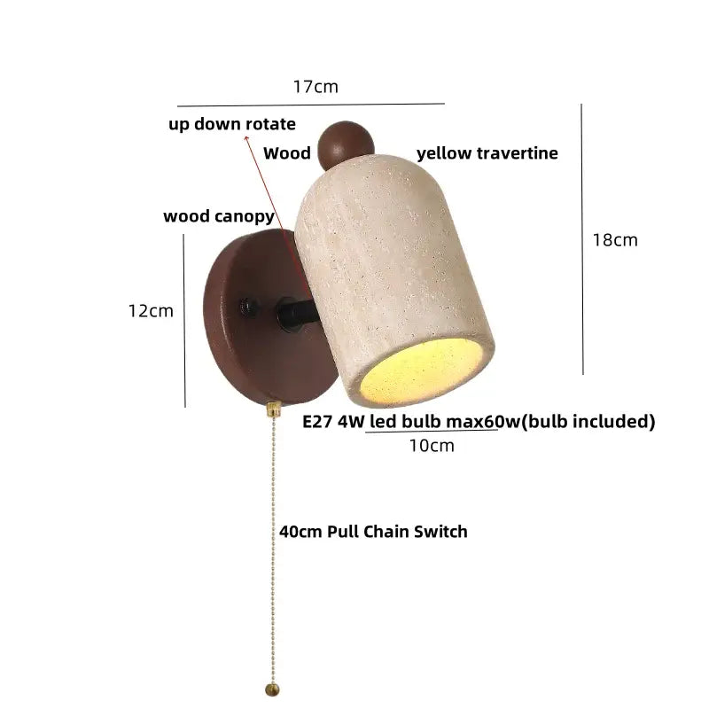 Minimalist wood and yellow travertine led wall sconce bedroom light