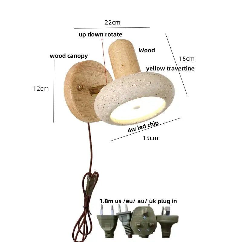 Minimalist wood and yellow travertine led wall sconce bedroom light