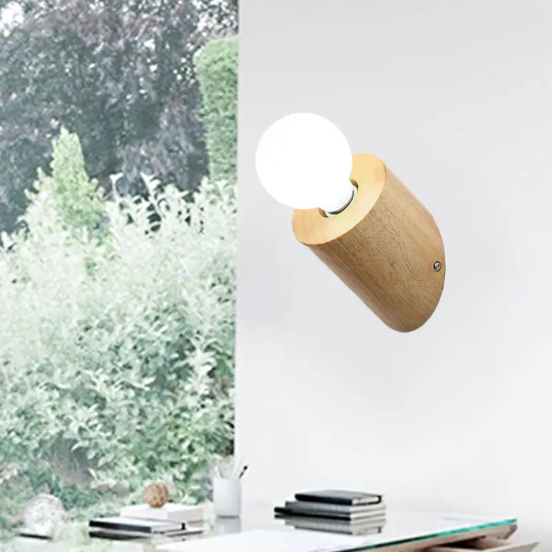 Minimalist wood wall lamp with frosted bulb for bedroom or living room