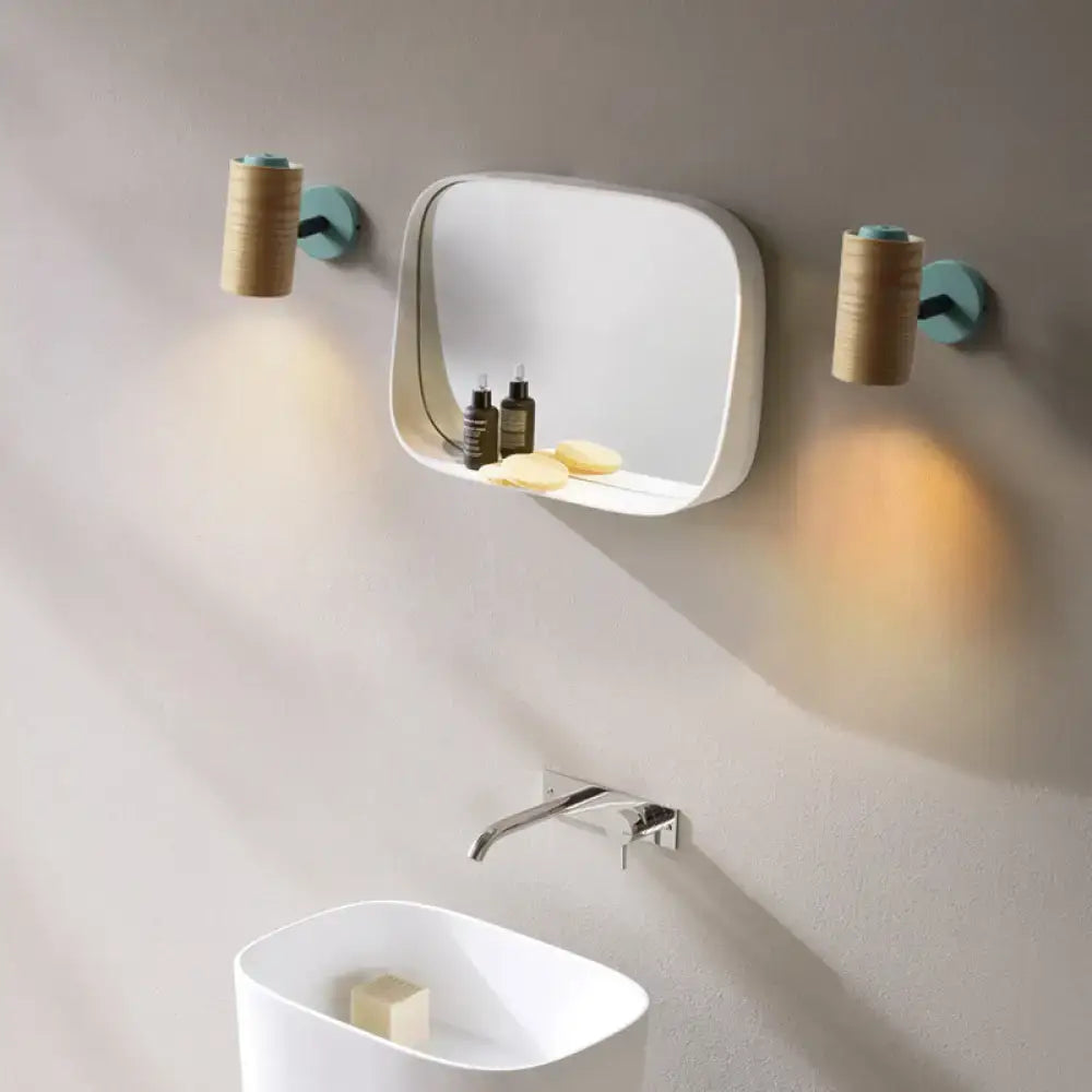 Minimalist wood wall light fixture with shelf for bathroom