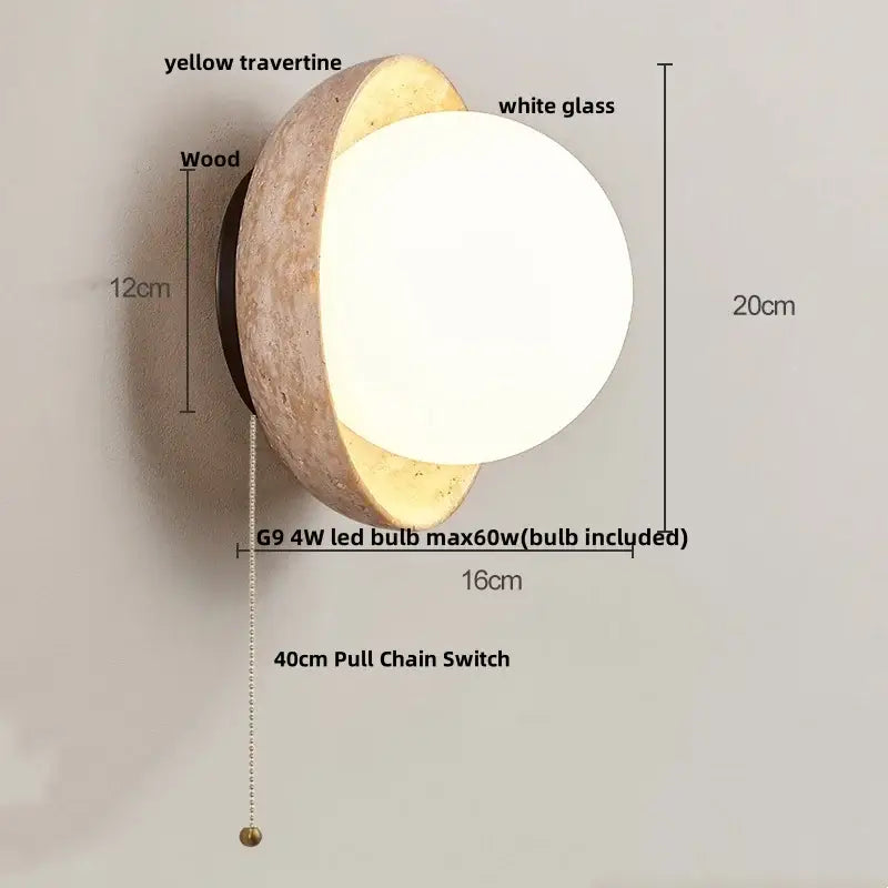 Minimalist yellow travertine & white glass led wall light bedroom